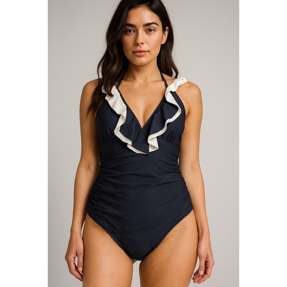 Tommy Hilfiger Navy White Ruffle Halter One Piece Swimsuit Tummy Control Size 16